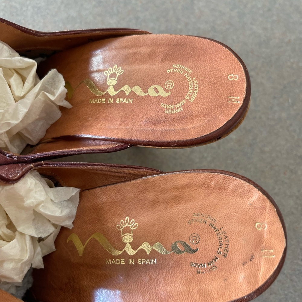 Vintage Nina Leather & Wood Heeled Clogs Size 8 - Picture 3 of 8